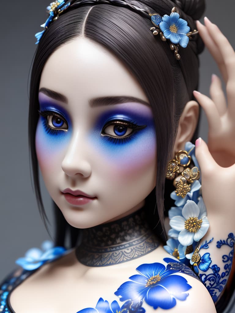  Close-up porcelain female figurine, looking to the camera, glossy surface, glaze, shiny, blue floral tattoos on her, dark gradient background, baroque dark style, hyperrealistic, CG society, intricate details