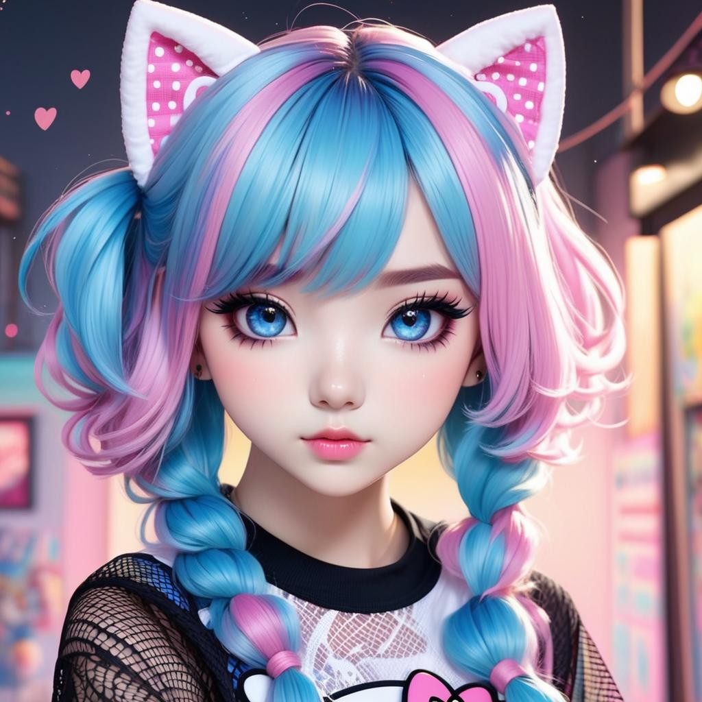  a girl with half blue and half pink hair and half blue and half pink eyes alt emo kawaii goth style with fishnets and hellokitty shirt, award winning, professional, highly detailed, masterpiece