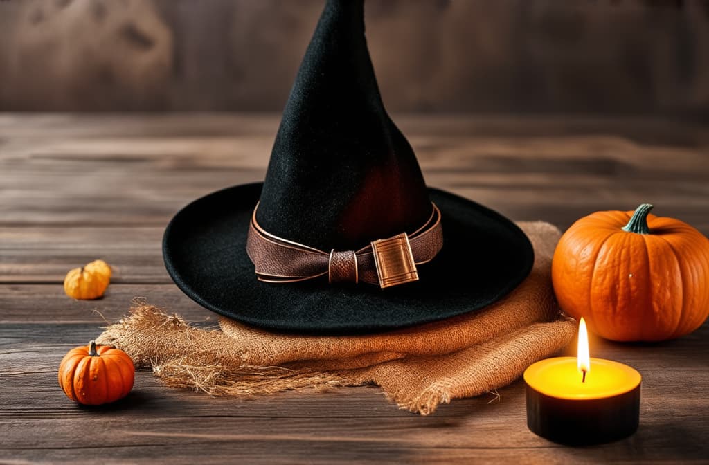  professional detailed photography, halloween flat lay composition with witch hat and burning candle on rustic wooden background ar 3:2, (muted colors, dim colors, soothing tones), (vsco:0.3)