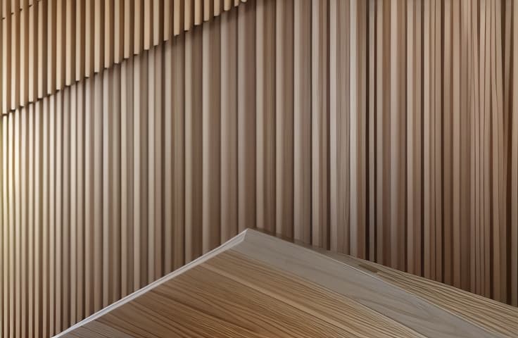  vertical panel design featuring narrow, evenly spaced vertical slats in a light wooden texture. each slat is rectangular and has a consistent height and width, creating a rhythmic pattern across the surface. the slats are positioned closely together, casting subtle shadows in the gaps between them. the background behind the slats is darker, providing contrast and highlighting the light color and fine wood grain texture of the slats. the overall lighting is soft, accentuating the smoothness and natural texture of the wood without harsh reflections. floor, and ceiling will remain untouched hyperrealistic, full body, detailed clothing, highly detailed, cinematic lighting, stunningly beautiful, intricate, sharp focus, f/1. 8, 85mm, (centered im