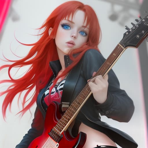  girl, straight red hair, blue eyes, rocker.