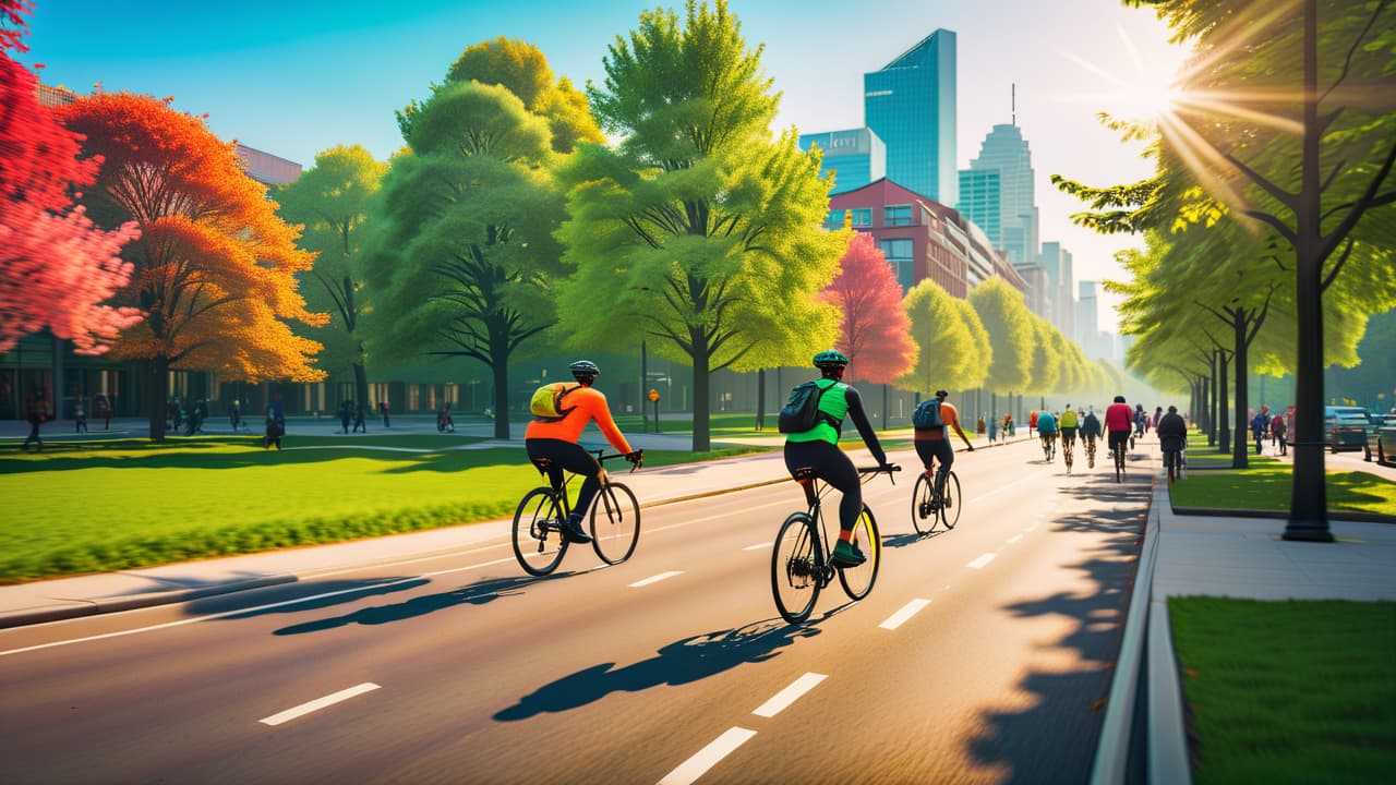  a vibrant cityscape featuring cyclists of diverse backgrounds navigating a bustling street, surrounded by green parks, bike lanes, and modern architecture, with smiling pedestrians and eco friendly elements like trees and solar panels. hyperrealistic, full body, detailed clothing, highly detailed, cinematic lighting, stunningly beautiful, intricate, sharp focus, f/1. 8, 85mm, (centered image composition), (professionally color graded), ((bright soft diffused light)), volumetric fog, trending on instagram, trending on tumblr, HDR 4K, 8K