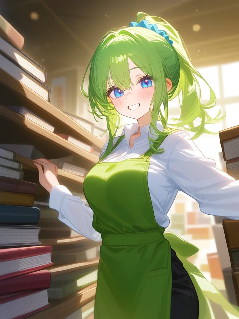  (hd:1.3),(4k 8k:1.5)apron,black pants,clothing,collared shirt,green apron,hair accessory,long sleeves,pants,polka dot pattern,long ponytail,scrunchie,shirt,tied hair,white shirt,blue eyes,green hair,(very smile:1.3),(blush:1.2),(inside a library filled with books) woman,long hair,standing