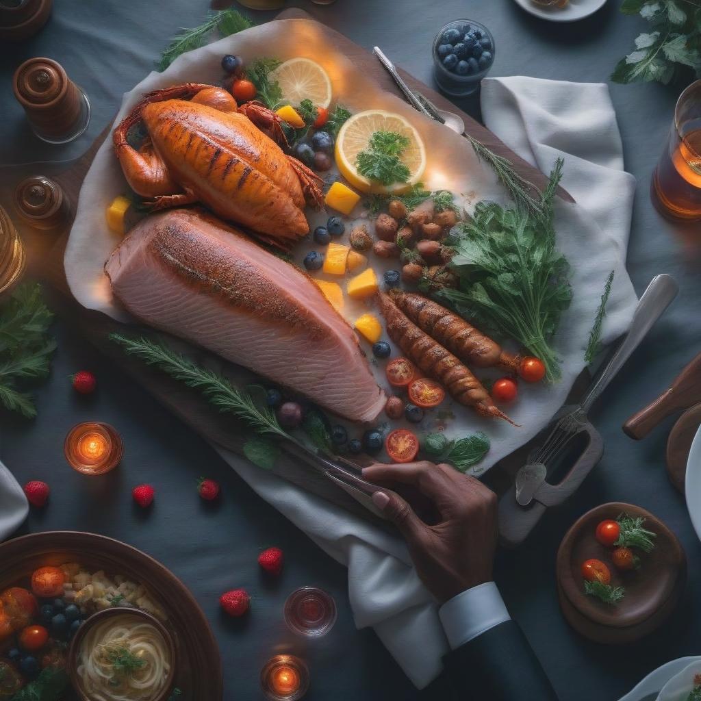  A beautiful dinner hyperrealistic, full body, detailed clothing, highly detailed, cinematic lighting, stunningly beautiful, intricate, sharp focus, f/1. 8, 85mm, (centered image composition), (professionally color graded), ((bright soft diffused light)), volumetric fog, trending on instagram, trending on tumblr, HDR 4K, 8K