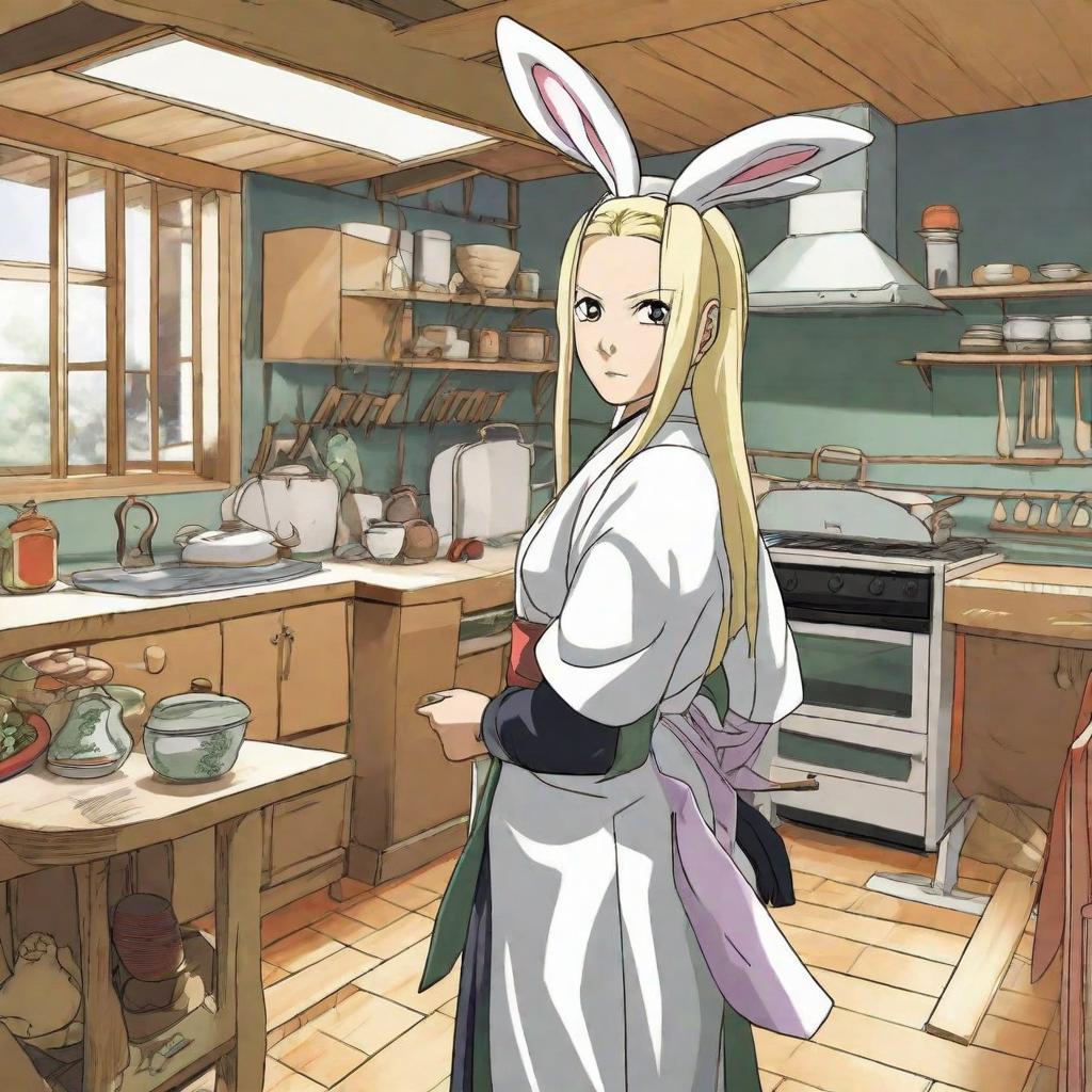  masterpiece, best quality, Draw a picture based on Tsunade from Naruto, depicting her in a bunny girl outfit in the kitchen. --ar 9:16 --v 6.1 (fast)