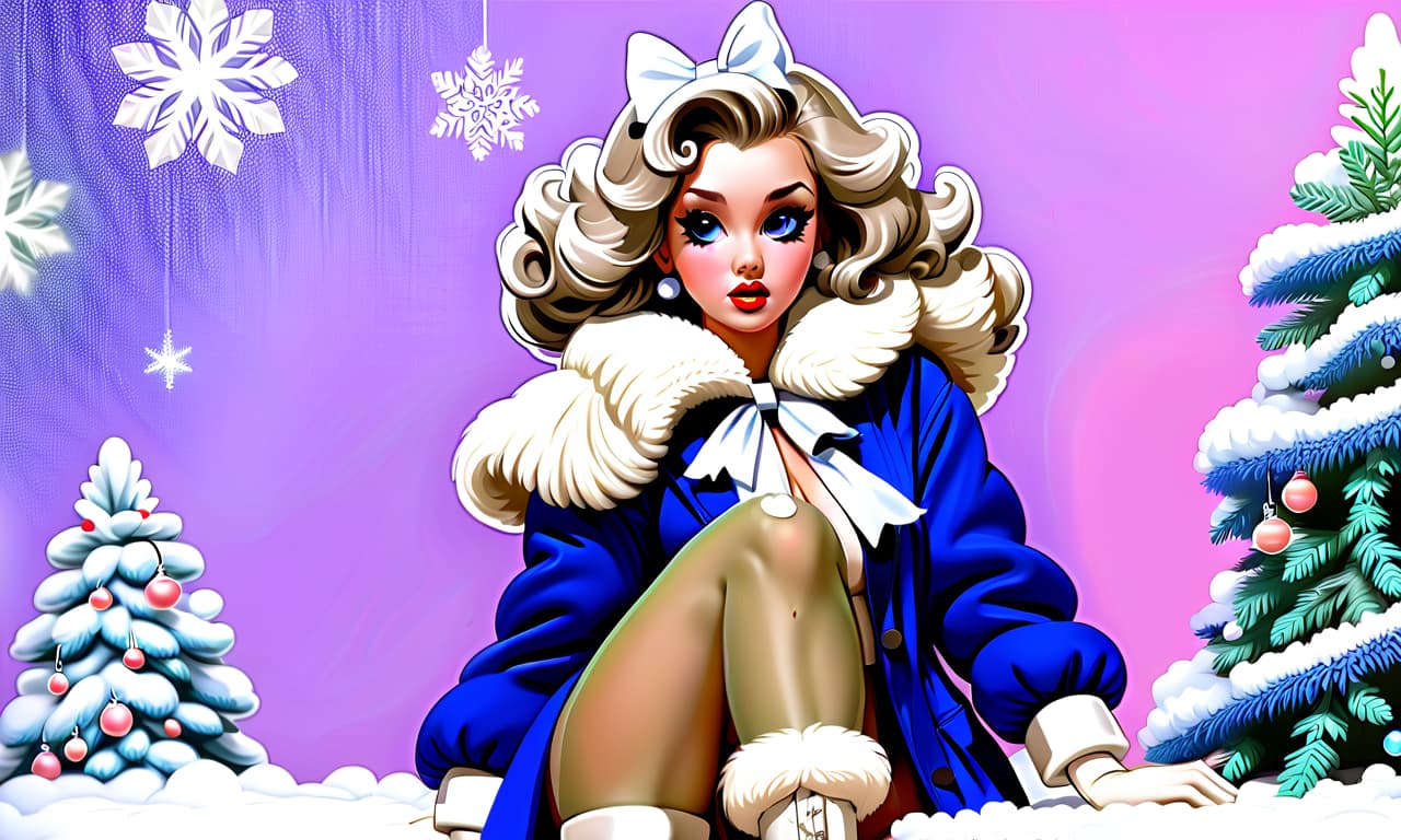  kawaii style "create a painting in the pin up style featuring a young woman with a cute face and makeup. she has light hair styled with large white bows on the sides, from which curly hair flows down. the woman is dressed in a short blue fur coat with a fluffy white fur collar, which accentuates her figure. her arms are extended along her body to mid thigh, with her wrists flared out to the sides. she wears nylon stockings and long white leather high heeled boots, standing as if on her toes. the scene depicts her standing straight in the snow, appearing to shiver from the cold, surrounded by snow and snowdrifts. to her right, there is a fluffy green christmas tree adorned with colorful ornaments and twinkling lights. the snow sparkles and g