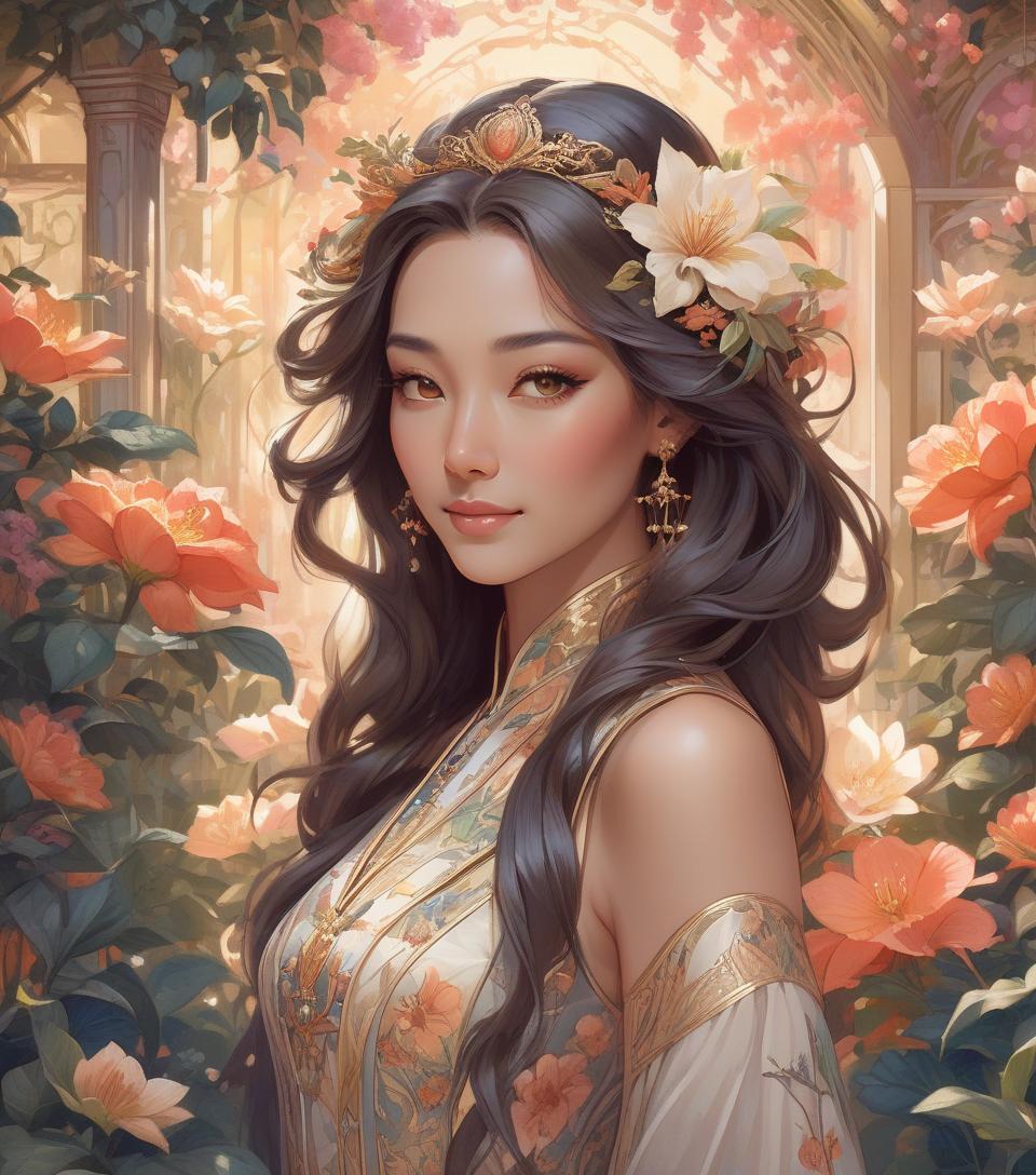  concept art oriental woman sporting a subtle smile amidst an opulent flower garden, imperial hues enveloping the art nouveau inspired floral backdrop, crowned regally, radiant backlighting highlighting her flowing hair, radiant, mythical allure transcending existence, watercolor aesthetic, greg rutkowski's touch, trending on artstation, razor sharp focus, studio setting, elaborate intricacies, volumetric . digital artwork, illustrative, painterly, matte painting, highly detailed