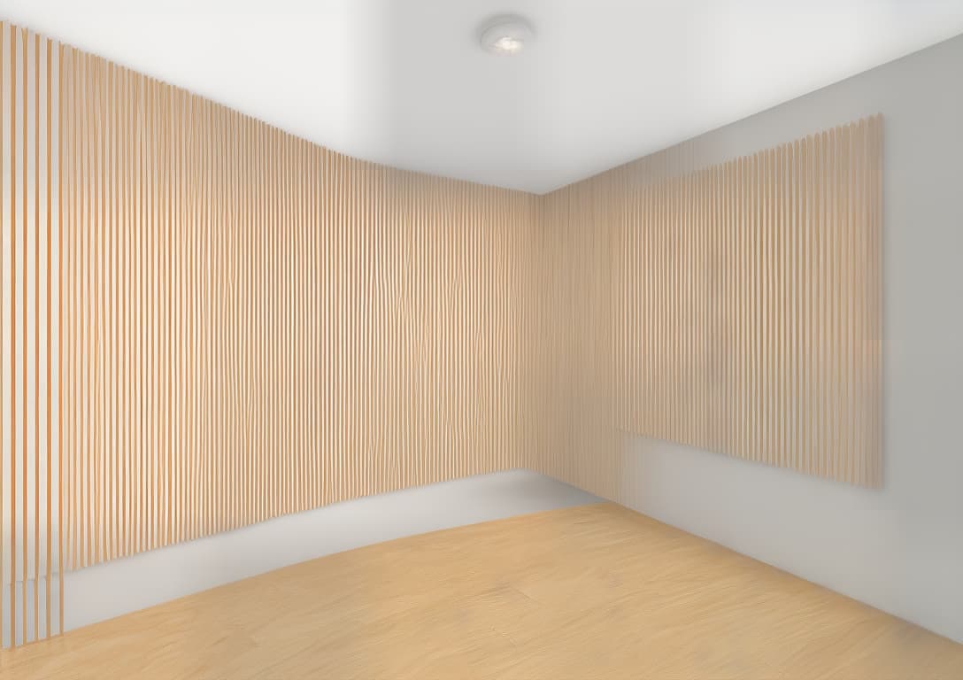 mdjrny-v4 style image of a wooden slat wall panel. the panel is made of light colored wood, possibly oak, and features vertical slats with equal spacing between them. the slats are thin, elongated, and evenly distributed, creating a uniform pattern. the top of the panel is bordered by a smooth, flat piece of wood that runs vertcaly