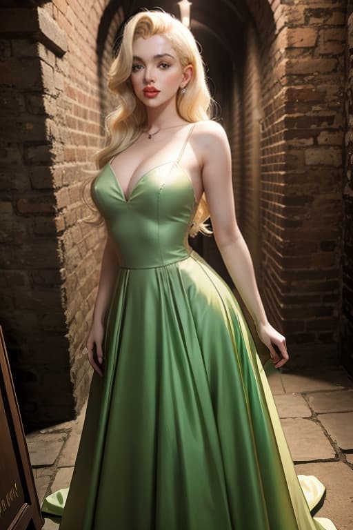  Marilyn Monroe long hair (pale skin) ((blonde hair)) ((green eyes)) vintage gown in a dungeon