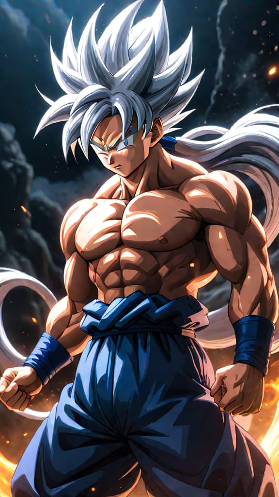  goku in ultra instinct form, silver hair glowing, fluid movements, intense battle scene, dragon ball super anime art hyperrealistic, full body, detailed clothing, highly detailed, cinematic lighting, stunningly beautiful, intricate, sharp focus, f/1. 8, 85mm, (centered image composition), (professionally color graded), ((bright soft diffused light)), volumetric fog, trending on instagram, trending on tumblr, HDR 4K, 8K