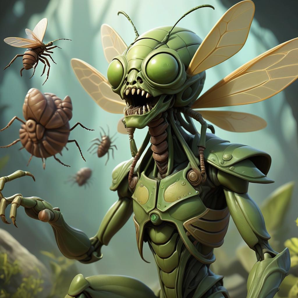  role playing game (rpg) style fantasy thri kreen insectoid monstrous humanoid race with mantis head ranger, wearing travelers rags and cloar, has four hands, swarm of bugs flying around, hive background . detailed, vibrant, immersive, reminiscent of high fantasy rpg games