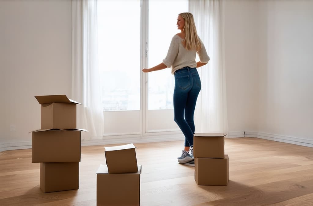  a woman stands in an empty apartment, paper boxes on the floor, moving. bright room ar 3:2 {prompt}, maximum details