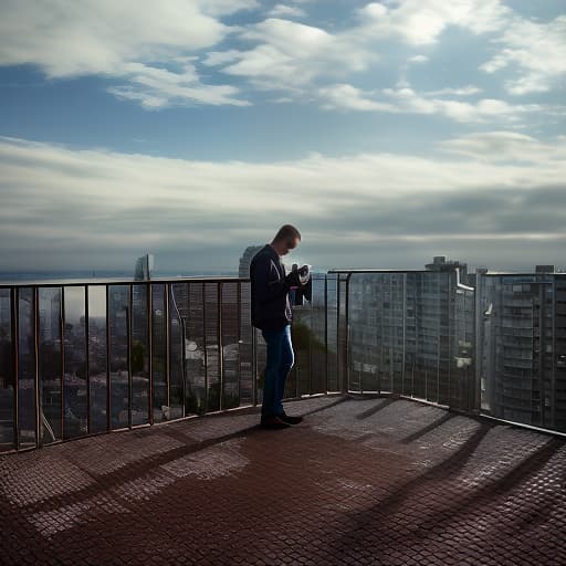  a man standing on a balcony looking at his cell phone, music video, vernadskys noosphere, medium height, unconnected, reportage, tower, post production, samsung smartthings, full width, close scene, pixel degradation