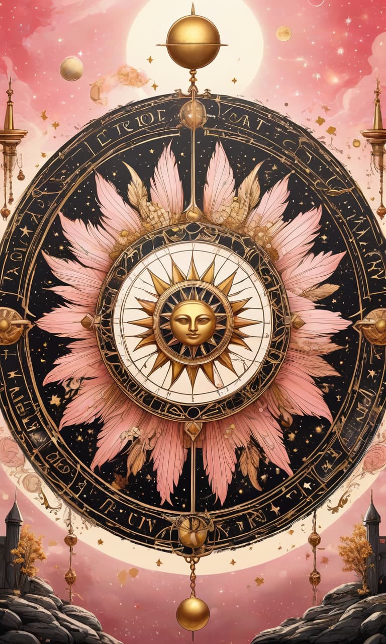  concept art pink, gold, black, white tarot wheel of fortune everywhere stars, moon, sun . digital artwork, illustrative, painterly, matte painting, highly detailed, perfect hands