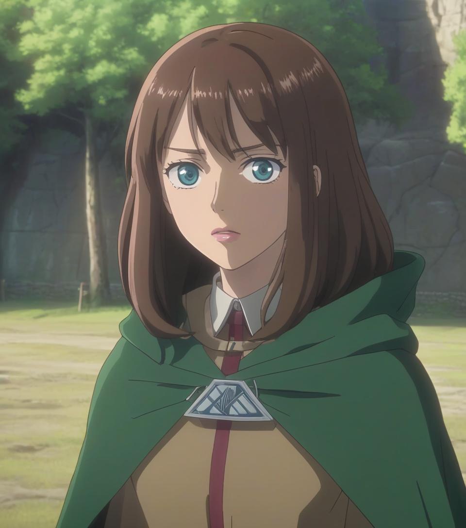  attack on titan screencap of a female with medium length brown wavy hair with bangs, dark blue eyes, light skin , round long oval face , pink lips . scenery is beautiful. she is wearing a green cloak. wit studios season 3 screencap.