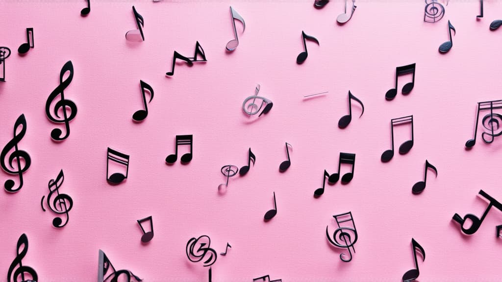  professional detailed photography, many musical treble clef, notes scattered on pink background ar 16:9, (muted colors, dim colors, soothing tones), (vsco:0.3)