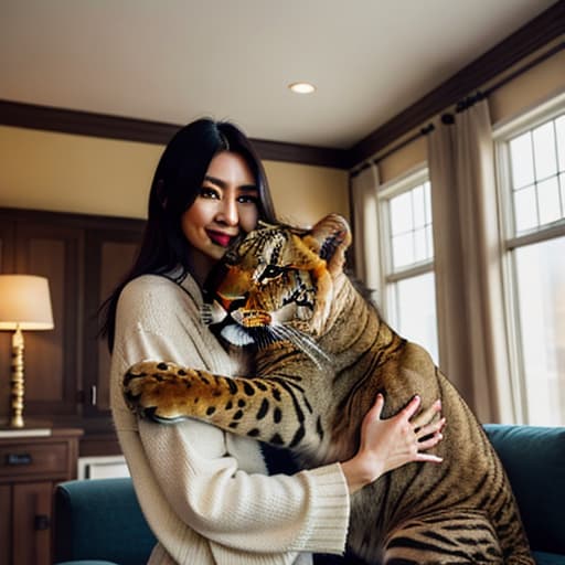  a big cat hugs a cute girl in the living room,lion,mount fuji hyperrealistic, full body, detailed clothing, highly detailed, cinematic lighting, stunningly beautiful, intricate, sharp focus, f/1. 8, 85mm, (centered image composition), (professionally color graded), ((bright soft diffused light)), volumetric fog, trending on instagram, trending on tumblr, HDR 4K, 8K