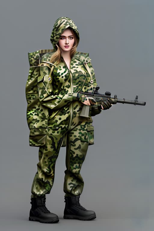  make detailed render art of women with beautiful face, in camouflage suit