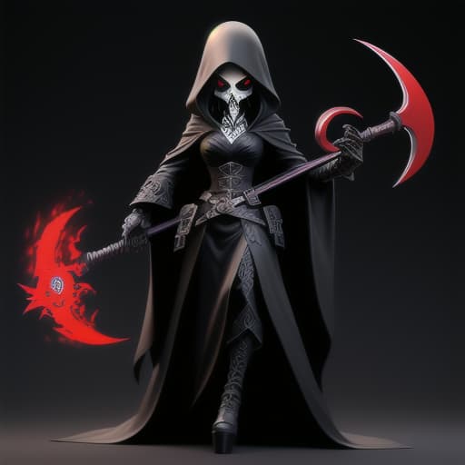  artistically drawn female Grimm Reaper, undead seductively eternal spector appearance represent that of the Grimm Reaper, deadly massive scythe, horror theme, nightmare, scary, spooky, masterpiece, high rez, full body, ultra detailed, ultra-realistic, unreal engine, hyper focus, attractive woman physique as the ruler to the gates to the underworld the Grimm Reaper, realistically detailed female Grimm Reaper head, award winning artistically drawn Grimm Reaper Scythe different unique variety, ultra-high detailed, epicly designed, award winning female Grimm Reaper appearance, epicly designed Scythe with intricate details, maniacally facial expression, evil, sadistic, nightmare, , high quality, highly detailed, sharp focus, 4K, 8K