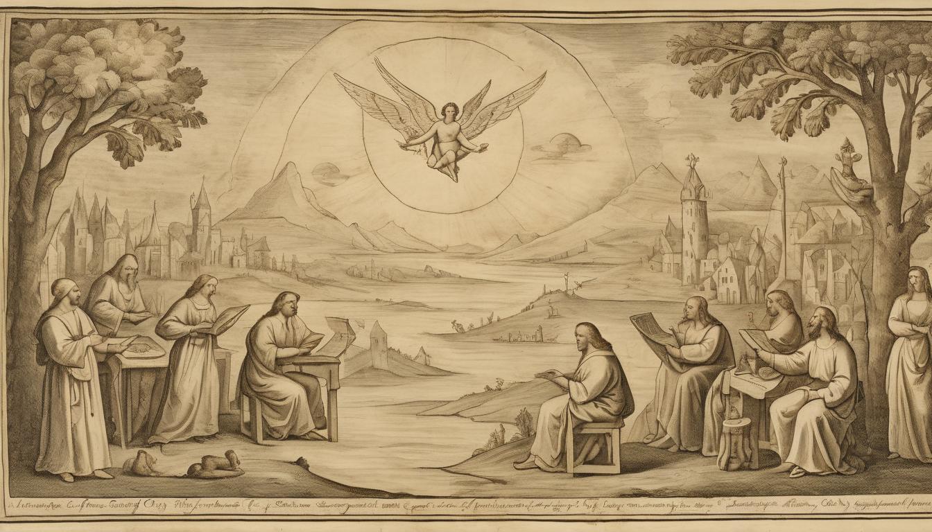  on parchment, surrealism++, angelic figures preparing scrolls, divine light filling the scene, sense of meticulous preparation and imminent blessings(mysterious, provocative, symbolic)++