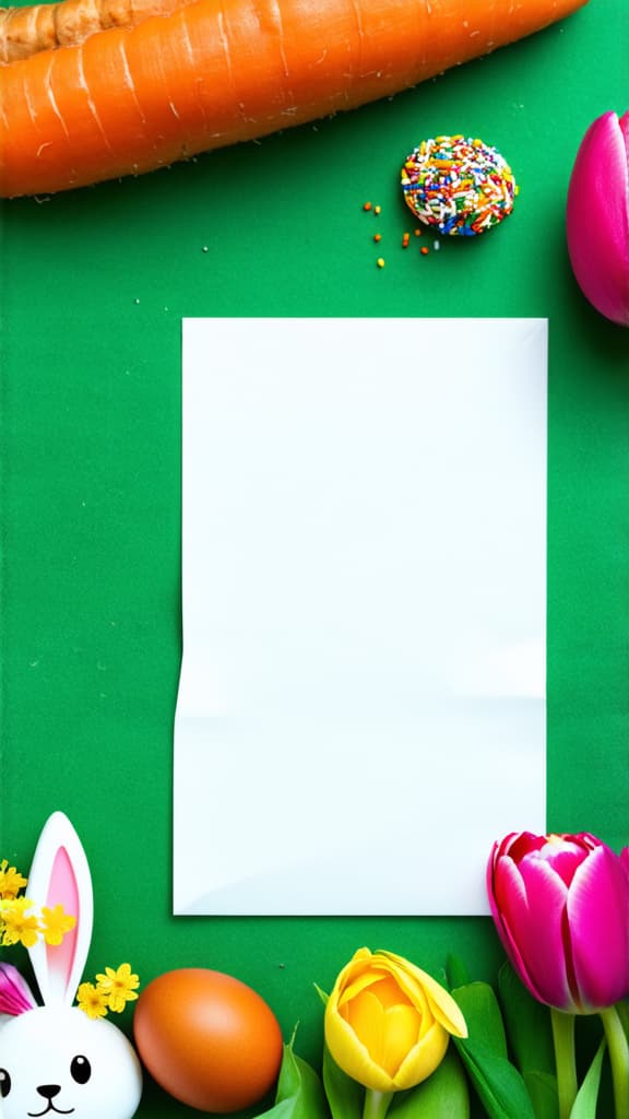  festive easter preparation displaying vertical top view letter to bunny, assorted eggs, cookware, carrot, sprinkle toppings, tulips set against green background, with empty space for text or publicity ar 9:16 {prompt}, maximum details