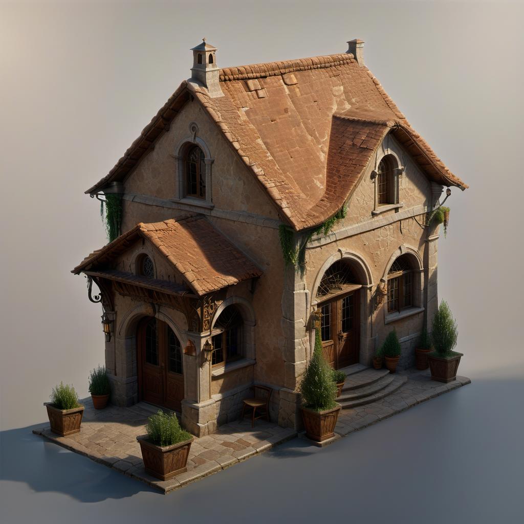  professional 3d model romanesque style house, tavern, old man's shop . octane render, highly detailed, volumetric, dramatic lighting, civitai, oil painting