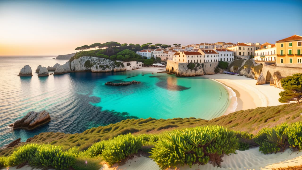  @ image prompt: "a picturesque view of menorca's stunning beaches, featuring crystal clear waters and soft white sands, with a backdrop of traditional mediterranean architecture and vibrant local culture." hyperrealistic, full body, detailed clothing, highly detailed, cinematic lighting, stunningly beautiful, intricate, sharp focus, f/1. 8, 85mm, (centered image composition), (professionally color graded), ((bright soft diffused light)), volumetric fog, trending on instagram, trending on tumblr, HDR 4K, 8K