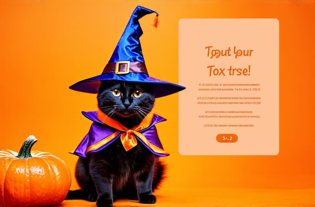  black cat in a witch costume next to pumpkins, orange background, 2/3 of the space on the left is free for text, banner ar 3:2 {prompt}, maximum details