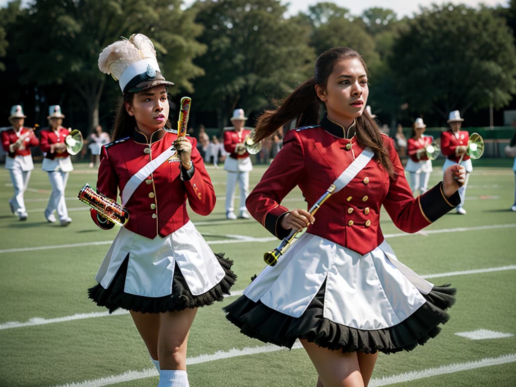  drum and flute girls, ((marching band)), depth of field, best quallity: 1.4, ultra detailed texture, absurd esolution, 8k illustration, 💩, 💩, 💩 , 💩, 💩,