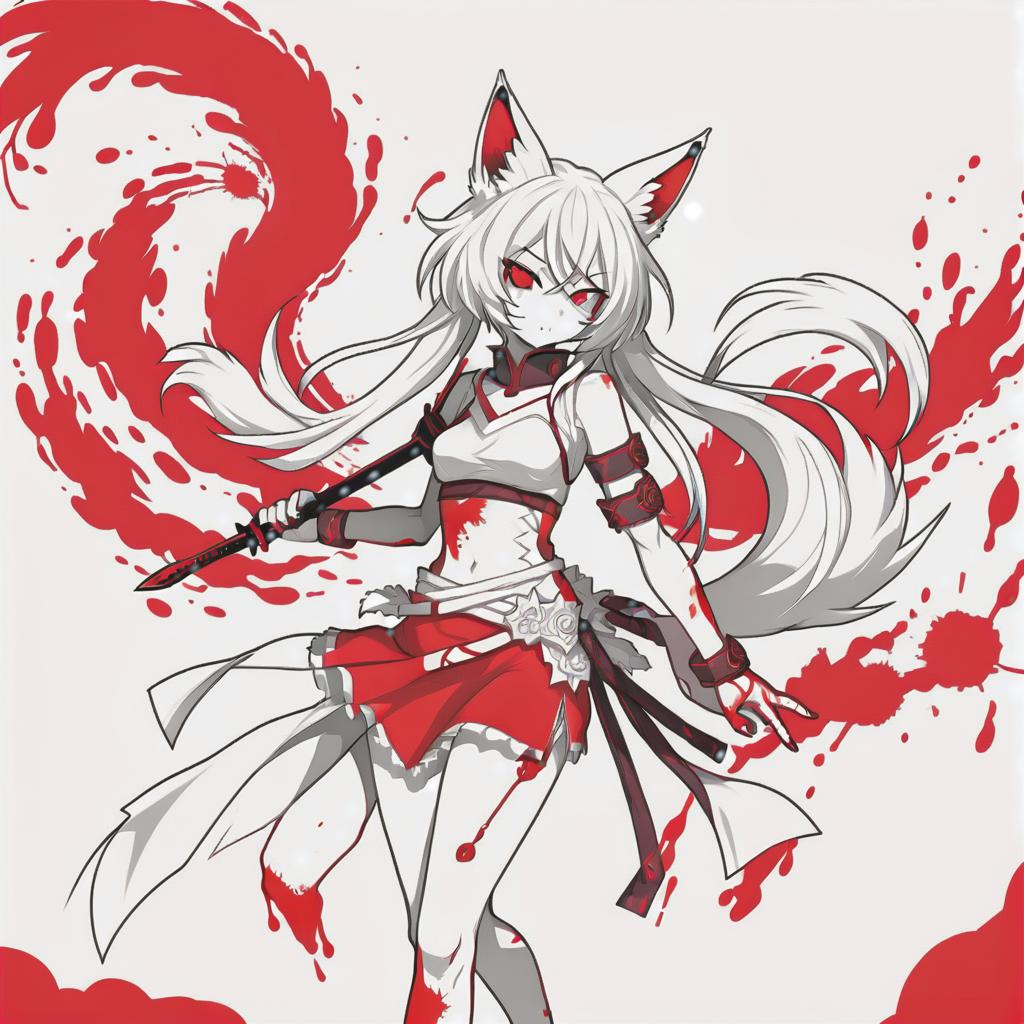  line art drawing wounded blood kitsune girl, battle stance, same nightmare. anime style . professional, sleek, modern, minimalist, graphic, line art, vector graphics