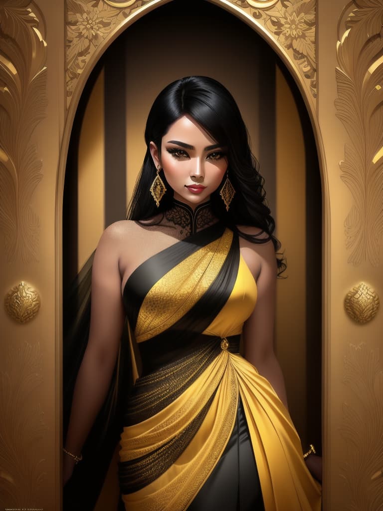  Golden yellow and sleek black color palette, captivating and inviting expression, exuding elegance and charm, magnetic beauty, intricate details, high contrast, luxurious feel, digital art, female, glossy finish, striking composition, dynamic lighting to enhance features.