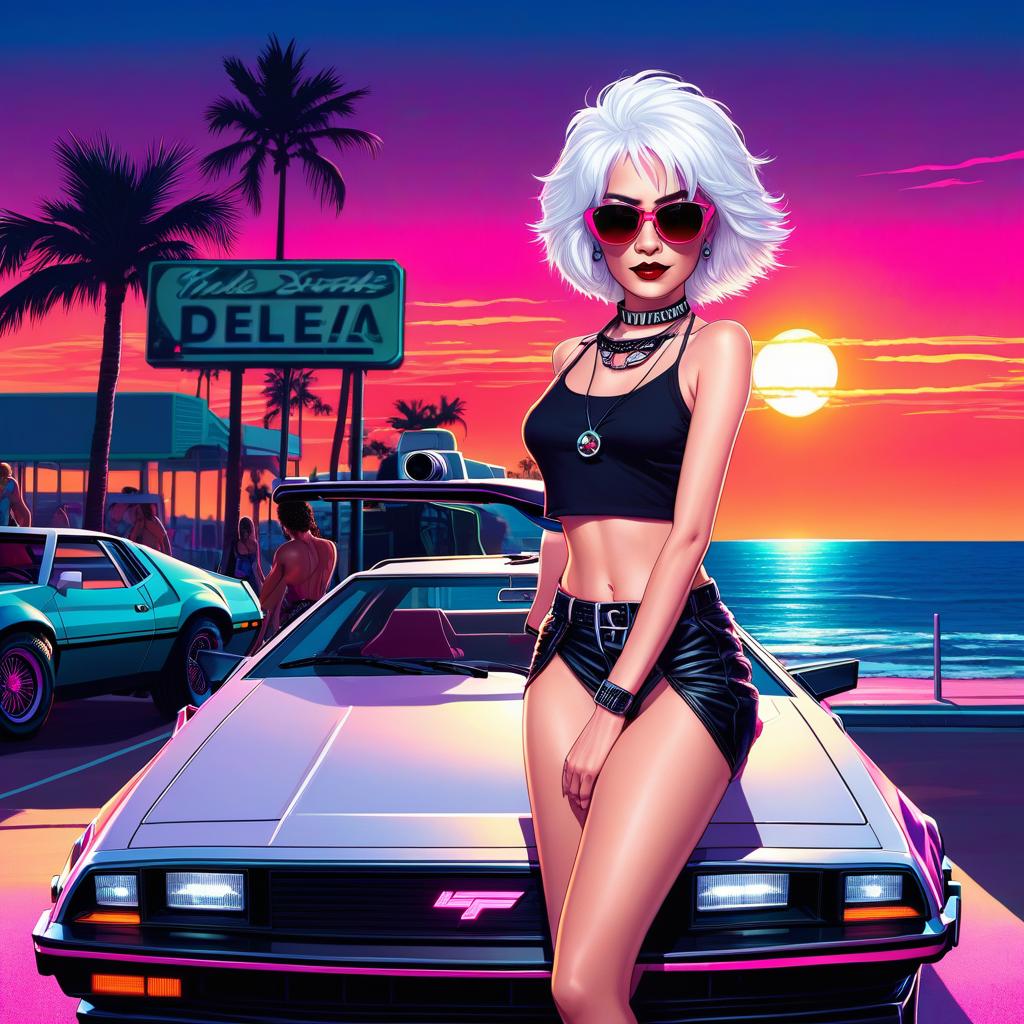  a woman with white hair, a short pixie haircut in sunglasses, a top top t shirt, with a choker around her neck, stands against a neon sunset in full height near a delorean dmc 12 car. seaside, palm shade. neon sunset. neon sign "neon cherry". digital photo. high detail. high realism.