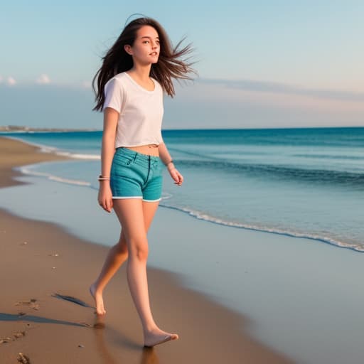   girl and wearing shorts walking on beach