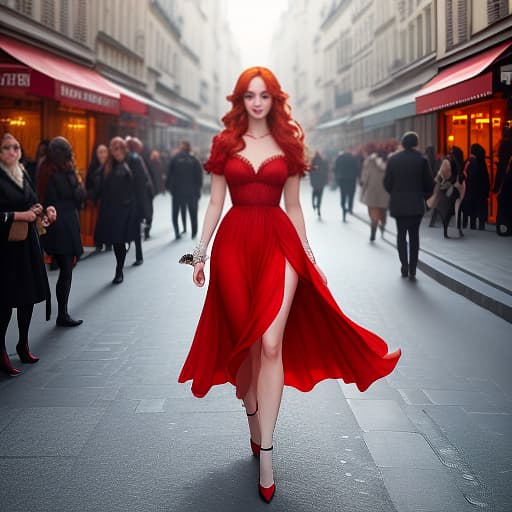  beautiful girl, red hair, summer dress, walking on paris street hyperrealistic, full body, detailed clothing, highly detailed, cinematic lighting, stunningly beautiful, intricate, sharp focus, f/1. 8, 85mm, (centered image composition), (professionally color graded), ((bright soft diffused light)), volumetric fog, trending on instagram, trending on tumblr, HDR 4K, 8K