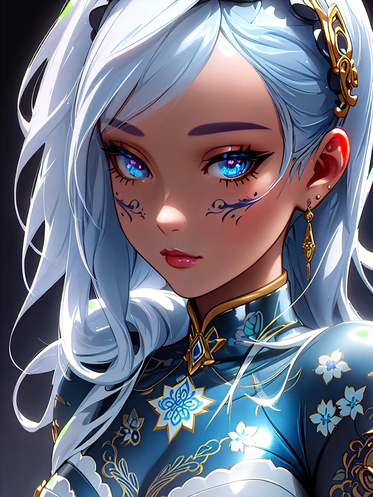  Close-up porcelain female figurine, looking to the camera, glossy surface, glaze, shiny, blue floral tattoos on her, dark gradient background, baroque dark style, hyperrealistic, CG society, intricate details