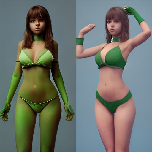 redshift style Mila Azul as a green-skinned humanoid female from another galaxy