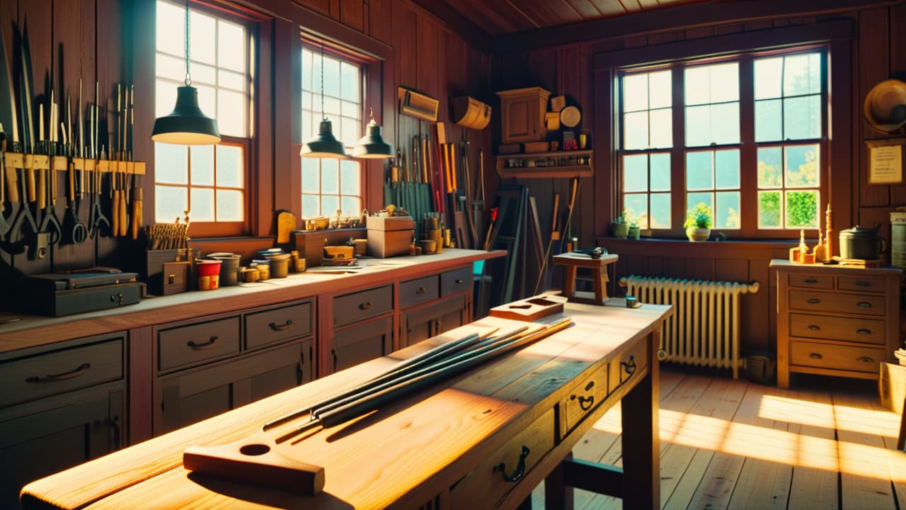  a rustic woodworking shop filled with tools, a wooden workbench, and a golden rule measuring stick prominently displayed. sunlight filters through a window, casting warm shadows on finely crafted wooden pieces. hyperrealistic, full body, detailed clothing, highly detailed, cinematic lighting, stunningly beautiful, intricate, sharp focus, f/1. 8, 85mm, (centered image composition), (professionally color graded), ((bright soft diffused light)), volumetric fog, trending on instagram, trending on tumblr, HDR 4K, 8K