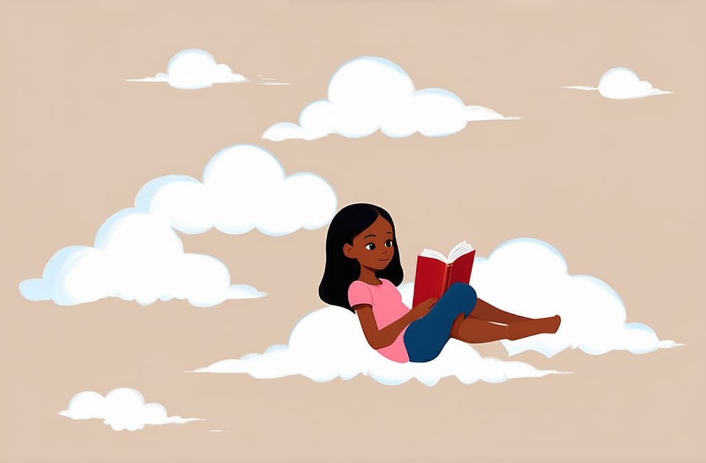  flat illustration, flaticon, (illustration:1.15), literary fan young african girl in the sky on a cloud reading a book. funny, abstract cartoon people on beige. 3d rendering. ar 3:2, [cory loftis, strobist, pascal campion :: 0.2]