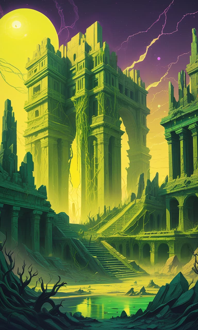  lovecraftian horror ancient ruins. the ruins wrap thick vines of green color. yellow sky. big crystals. heartbeat. desert. synthwave art . eldritch, cosmic horror, unknown, mysterious, surreal, highly detailed