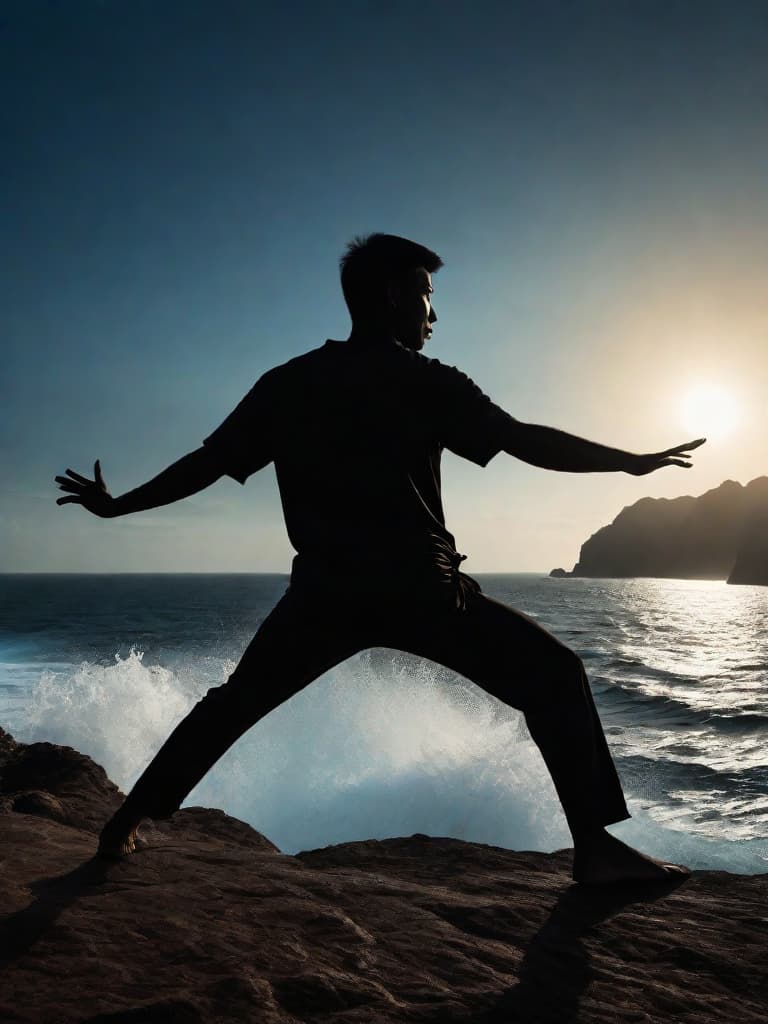  Close up of the silhouette of a man doing Thai Chi on a cliff overlooking the ocean with a sunrise in the background. RAW, realistic