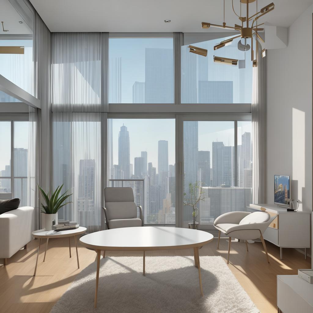  masterpiece, best quality, Best Quality, Masterpiece, 8k resolution,high resolution concept art of an apartment living room with floor to ceiling windows and modern furniture