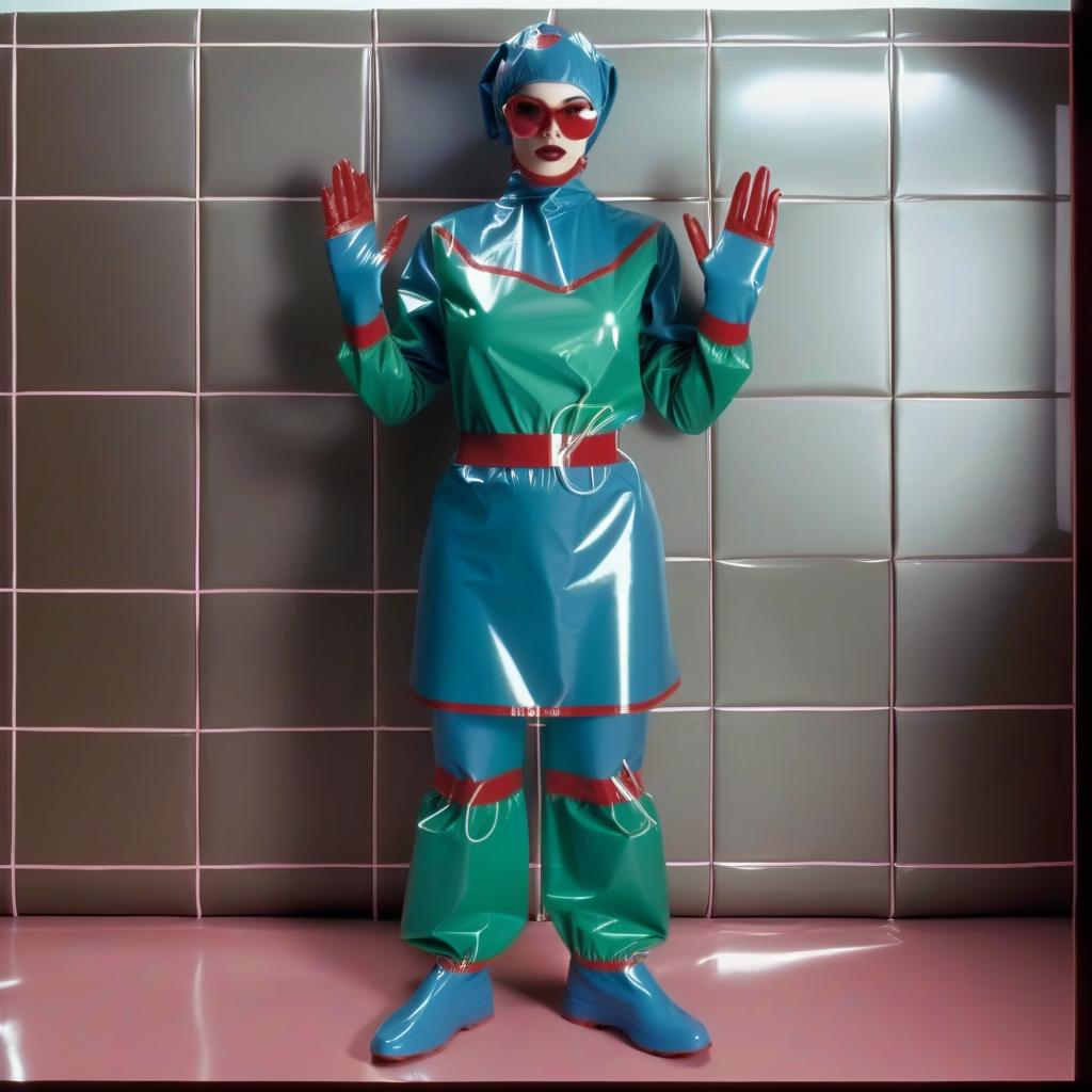  "hyperdetalisation, woman, mistress surgeon, in dressed three color surgical suit, made of glossy latex, standing alone, full length, front view, full face, dressed in, surgical gown, knee length, with elastic waistband, long sleeves, with elastic cuffs, upper part of surgical gown, (from collar to waist), glossy latex dark green, belt at waist, glossy latex red, lower part of surgical gown, (from hem to waist), glossy latex dark blue, in the center of the surgical gown there is an emblem in the form of surgical forceps "burdizzo", upper part of sleeve, (from shoulder to elbow), glossy latex dark blue, lower part of sleeve, (from elbow to cuff), glossy latex dark green, cuffs on sleeve, glossy latex red, (bib with collar), made of glossy d