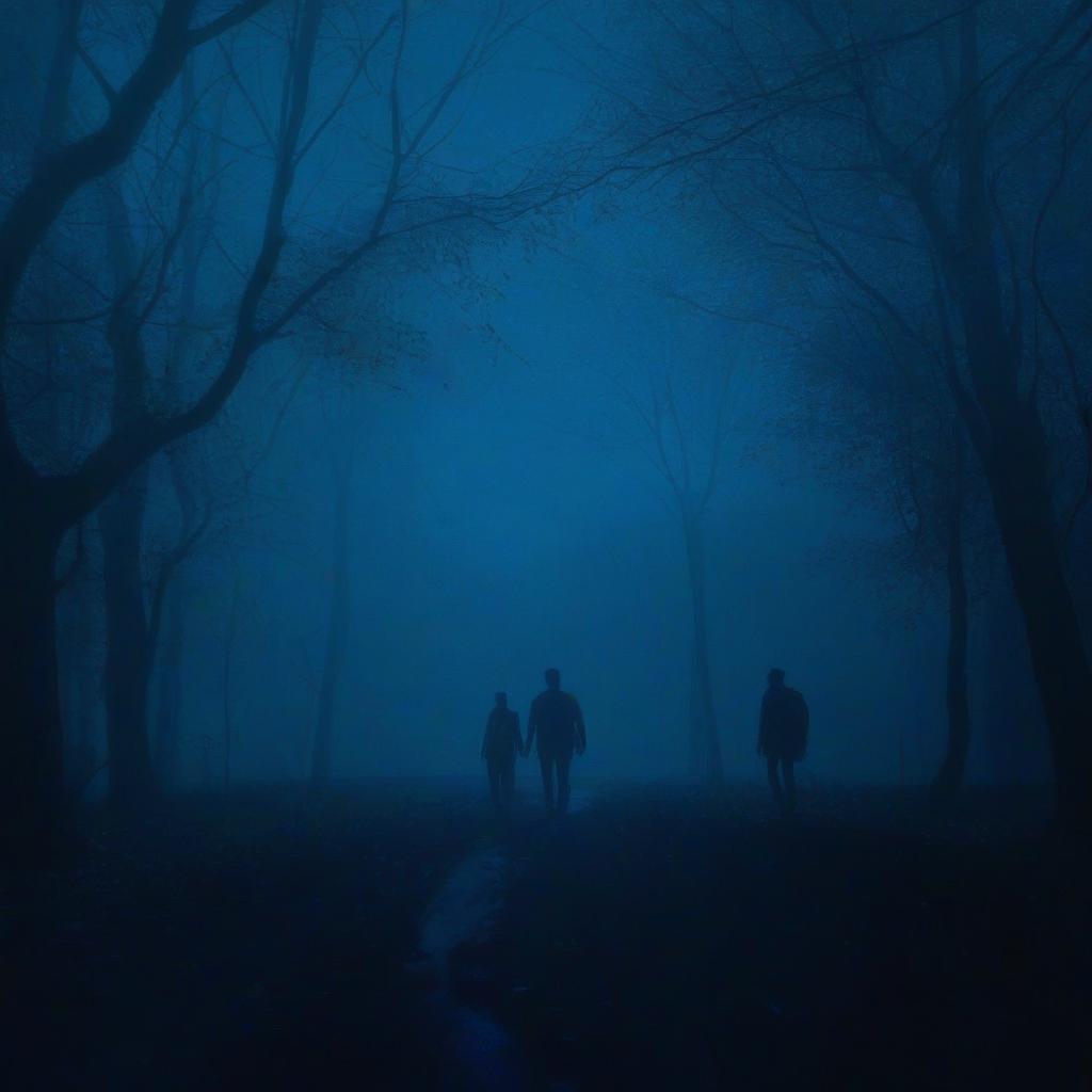  лес, туман, пасмурная погода, дорога уходящая в даль, a couple of people that are walking in the dark, unsplash contest winner, conceptual art, blue forest, adim kashin, alone, made with photoshop