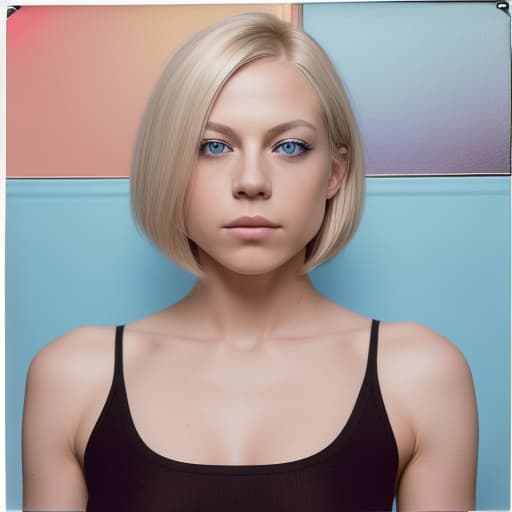  a woman with a short blond bob with blue eyes and a black top is posing for a picture in front of a wall, Alex Grey, superflat, profile picture, a polaroid photos, (full body+naked)