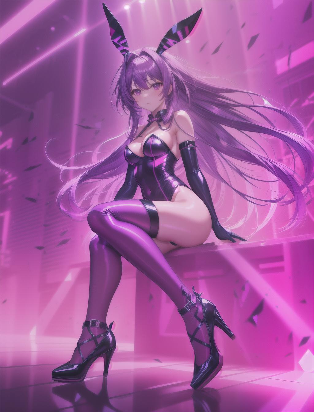  masterpiece, best quality, solo, long purple hair, neon purple eyes, thigh highs, heels, bunny female, red neon light background, full body, close up