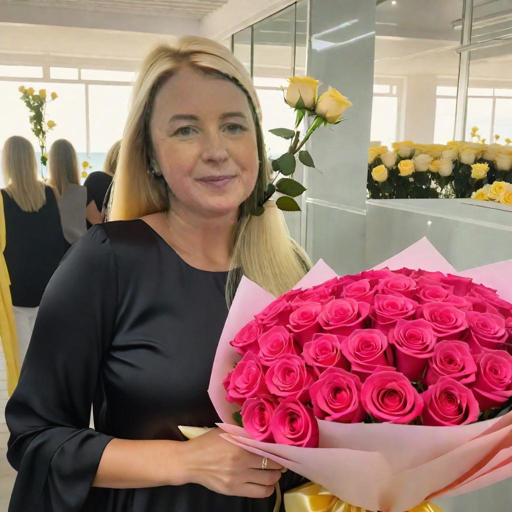  (in the background is the sea and white sea sand), blondy hair, dressed in (closed yellow women's top), maximum detail, maximum quality, bouquet of roses in hands.