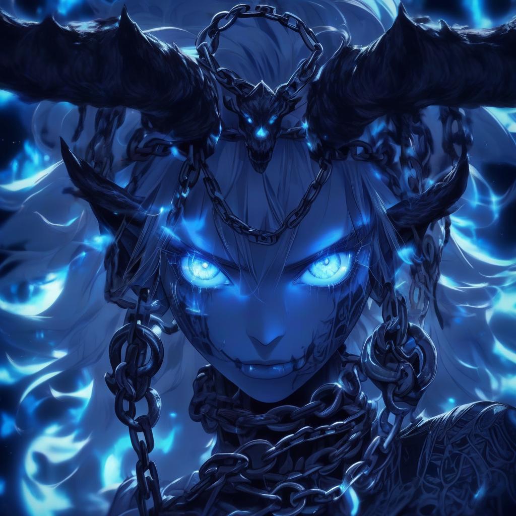  a with blue eyes and a chain around her neck, anime nature wallpap, demon white horns, spiritual eerie creepy picture, there is a glow coming from her, discord profile picture, benevolent android necromancer, f 2, dormant in , #, defence, pfp, beautiful blue glowing eyes