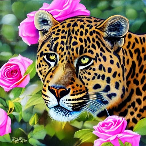 A painting of a leopard with pink roses on it hyperrealistic, full body, detailed clothing, highly detailed, cinematic lighting, stunningly beautiful, intricate, sharp focus, f/1. 8, 85mm, (centered image composition), (professionally color graded), ((bright soft diffused light)), volumetric fog, trending on instagram, trending on tumblr, HDR 4K, 8K