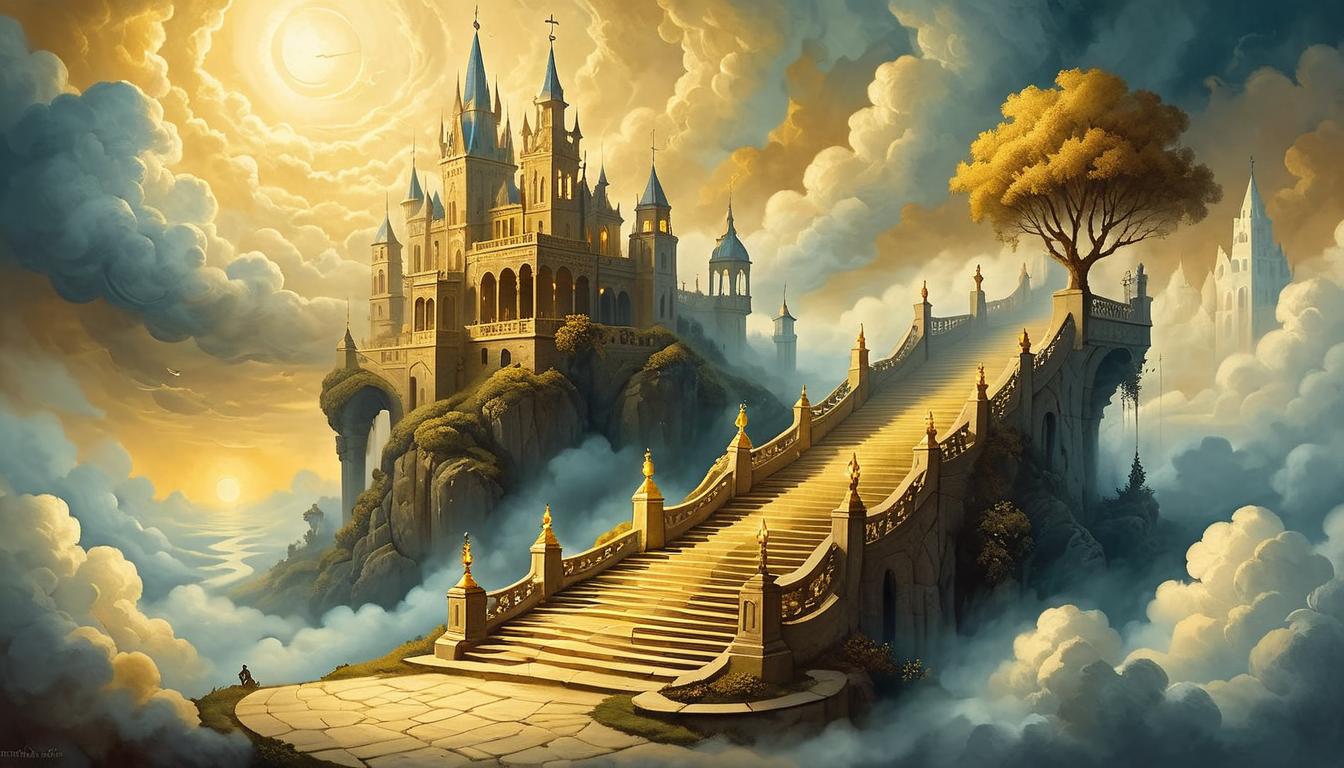  on parchment, surrealism+++, an ethereal staircase, golden light illuminating each step, leading upward into the clouds, heavenly, divine guidance, sublime(mysterious, provocative, symbolic,muted color)+++