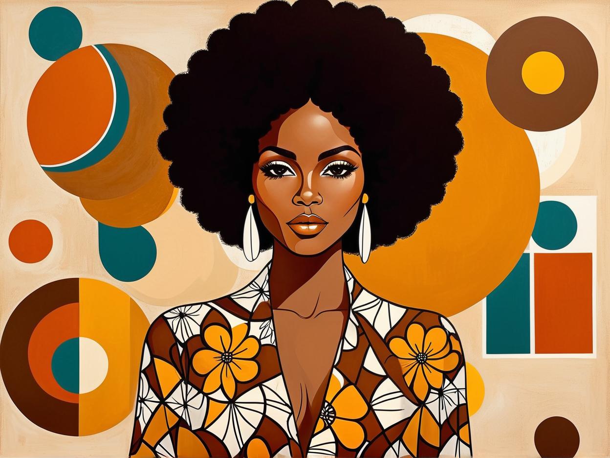  minimalism, a beautiful african woman with brown skin. with an afro. she wears a flowy 70s outfit. a retro brown 70s flower design is in the background. a minimalist painting, abstract, simple geometic shapes, hard edges, sleek contours, minimalism